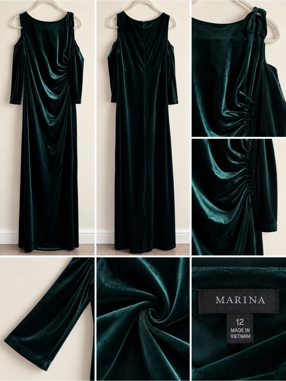 MARINA Emerald Green Velvet Cold-Shoulder Evening Dress
